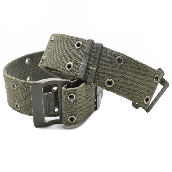Original French Army Navy webbing belt in olive drab with metal buckle and reinforced eyelets for durability.