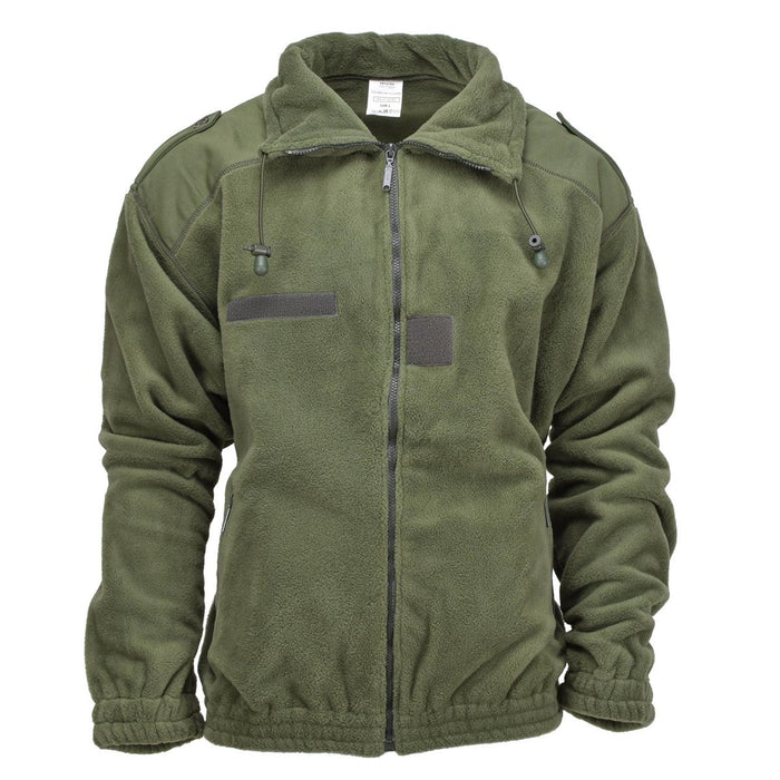 Original French Military olivgrön fleecejacka med hög hals, förstärkta armbågar och justerbar krage för utomhusvärme.