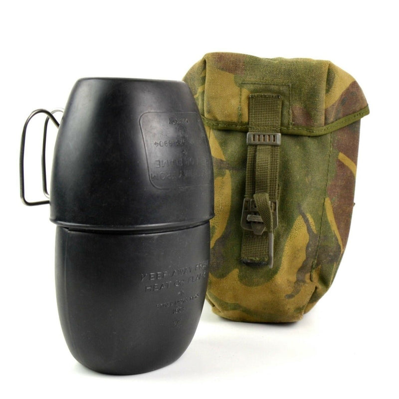 Original genuine British Army canteen with black mug and woodland camo pouch for outdoor hiking and camping hydration