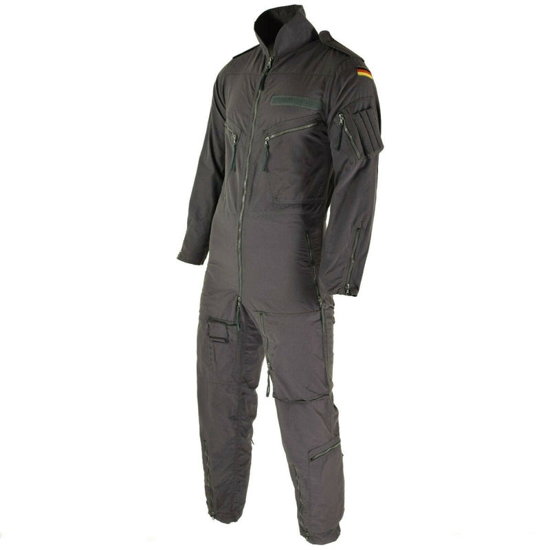 Original German army cotton pilot coverall with epaulets, zippered pockets, and German flag patch on sleeve