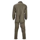 Back view of original German army olive green coverall warm winter jumpsuit with adjustable waist and zipped cuffs.