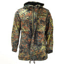 Original German army Flecktarn camo field jacket parka with hood, liner, adjustable cuffs, multiple pockets, and military detailing.