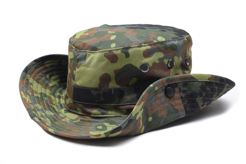 Original German Army Flecktarn boonie hat with wide brim and ventilation holes for outdoor and tactical use