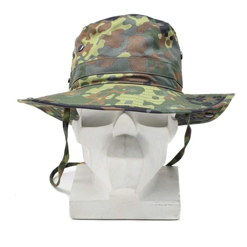 Original German Army Flecktarn boonie hat with wide brim and chin strap for outdoor, hunting, and tactical use.