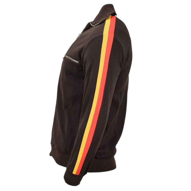 Original brown German army NVA sports jacket with yellow and red stripes, zip closure, and ribbed cuffs and waist.