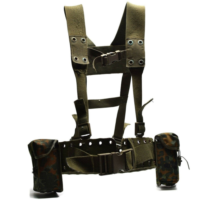 Original German army tactical belt harness with adjustable straps and two camouflage magazine pouches for load bearing kit