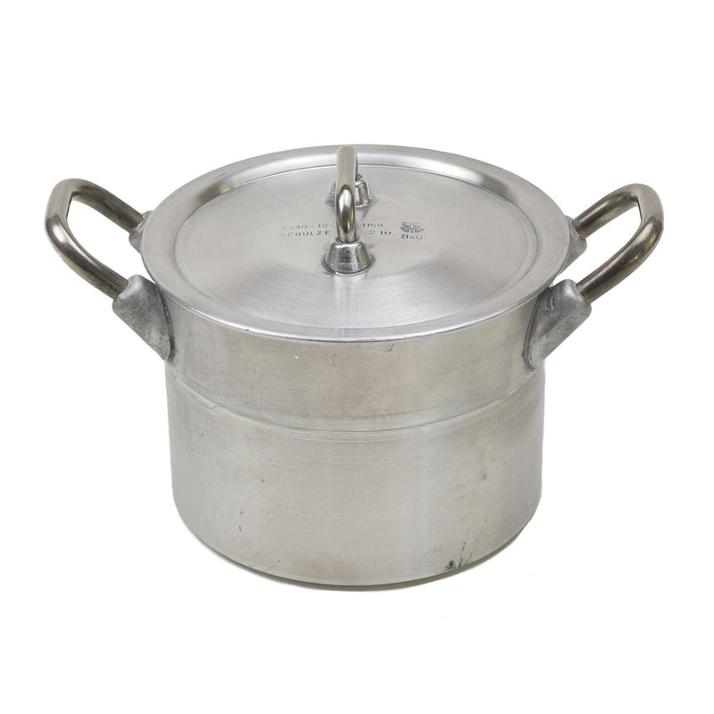 Original German military 2 liters aluminum pot with lid and handles, ideal for camping and hiking use.