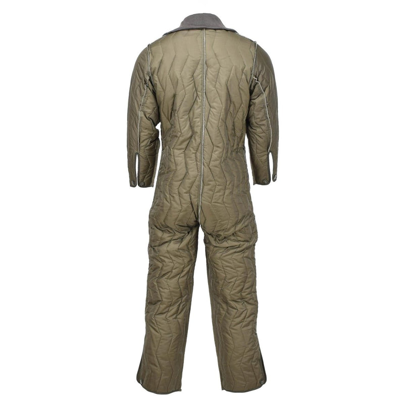 Back view of an olive original German military quilted coverall liner winter jumpsuit with long sleeves and buttoned cuffs.