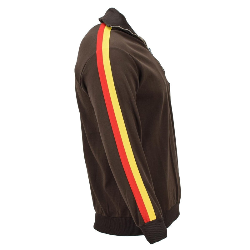 Original German military NVA brown vintage tracksuit jacket with red and yellow stripes on sleeve, rib-knit cuffs and waist