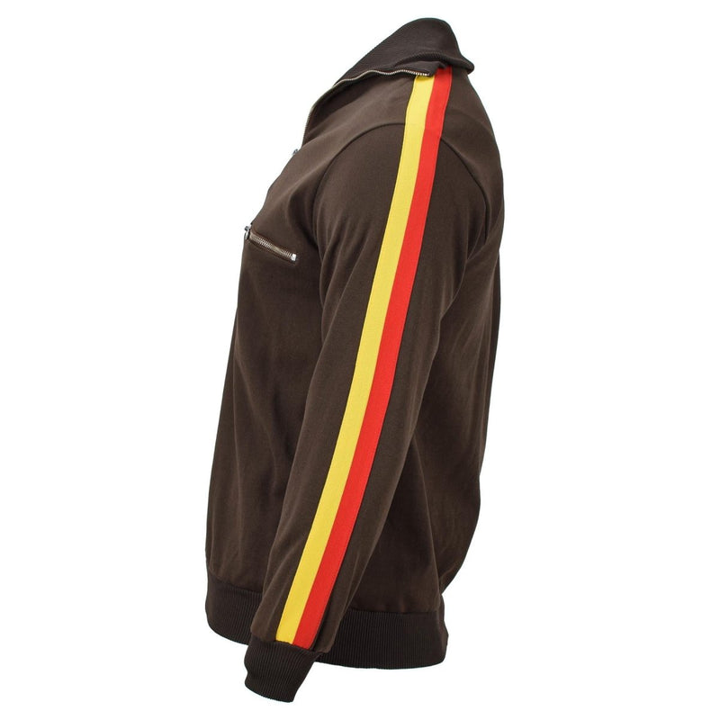 Side view of original brown German NVA sports jacket with red and yellow stripe on sleeve and zippered chest pocket
