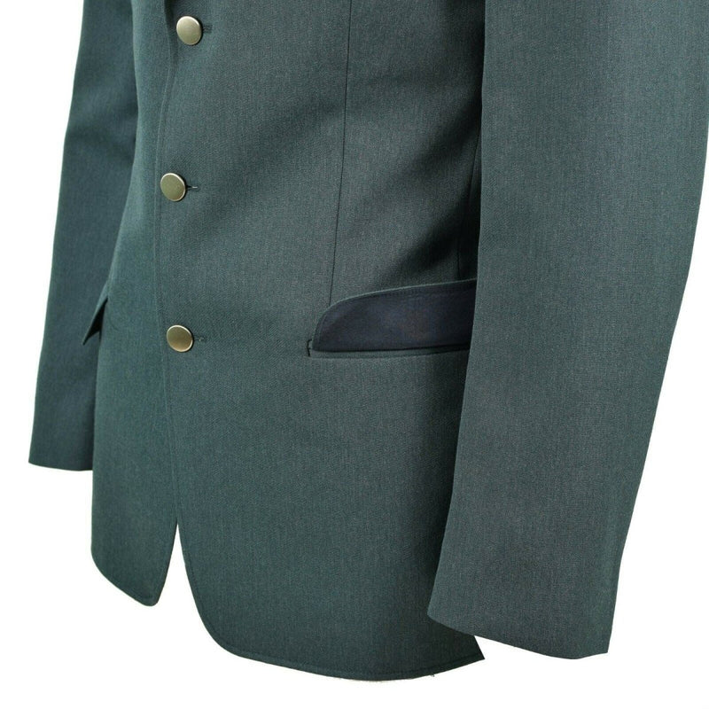 Close-up of a green German police dress jacket with silver buttons and a side pocket detail.