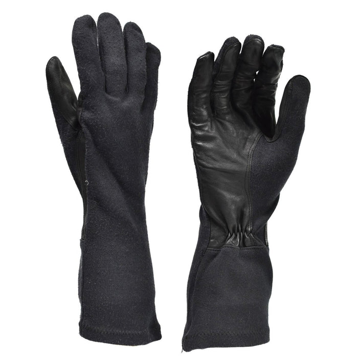 Original tysk armésvart aramid värmebeständiga taktiska handskar med läderhandflator och utökat underarmsskydd