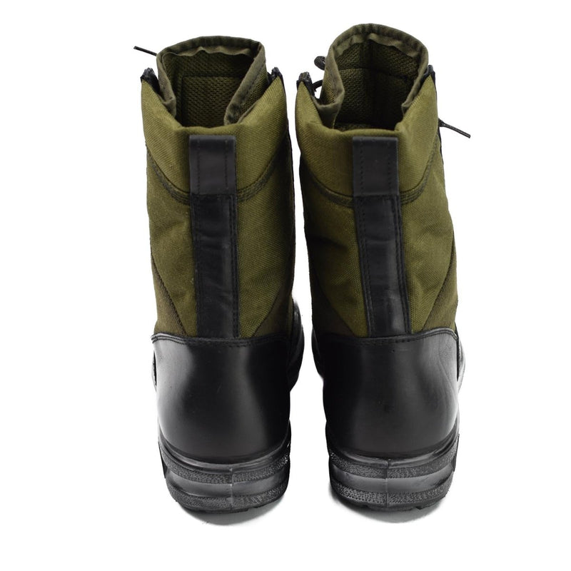 Rear view of Original Germany army tropical boots in black and olive green military design with side zippers and reinforced heels.