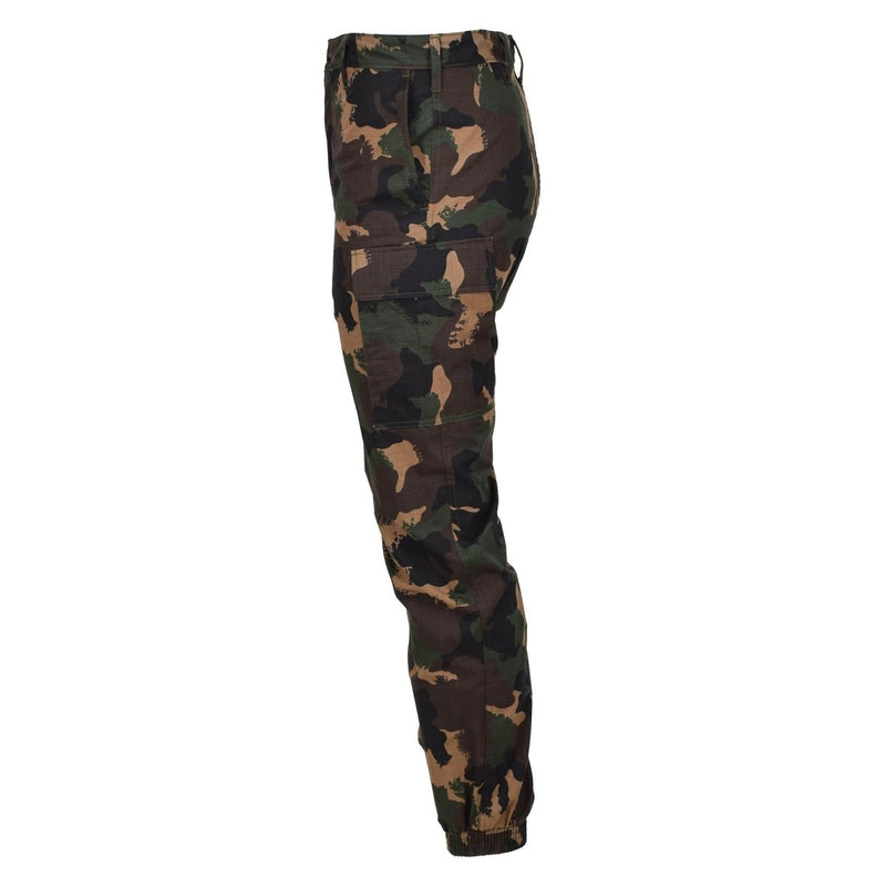 Original Hungarian military M1990 summer field pants in woodland camo ripstop fabric with cargo pockets and reinforced knees.