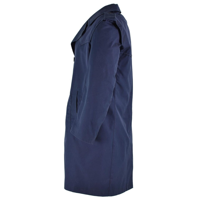 Vintage original Italian military trenchcoat raincoat in navy blue, waterproof and double-breasted design.