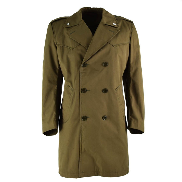 Vintage original italiensk armé dubbelknäppt khaki trenchcoat regnrock med militär design och vattentätt tyg