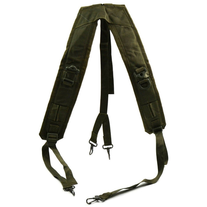 Original italiensk armé olivgrön Y-Strap hängslen taktiskt bälte gjord av slitstark canvas med metallklämmor och justerbara remmar