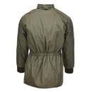 Back view of original Italian Military Air Forces olive rain jacket with elastic waist and cuffed sleeves