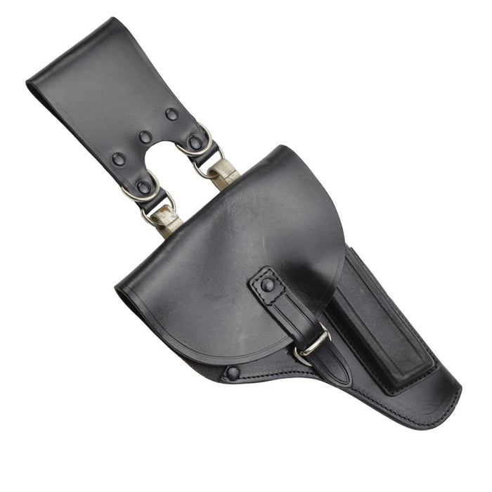 Äkta italiensk militär pistolhölster i svart läder med spänne och bälteshällor i metall, högerhänt design.