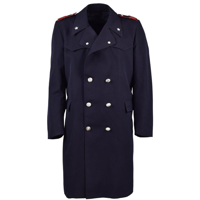 Vintage original italiensk militärpolis trenchcoat med silverknappar och röda epaletter, marinblå lång carabinieri-rock.