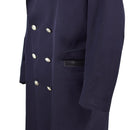 Close-up of vintage Italian Military Police long blue trench coat with silver buttons and side pocket detail