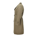 Side view of original Italian military khaki trench coat with belted waist and vintage design details