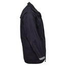 Side view of original black military Dutch waterproof rain jacket parka with reflective cuffs and durable fabric