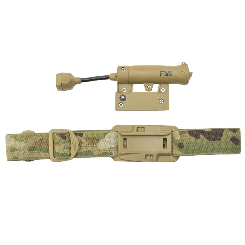 Tactical belt with attached flashlight on a white background