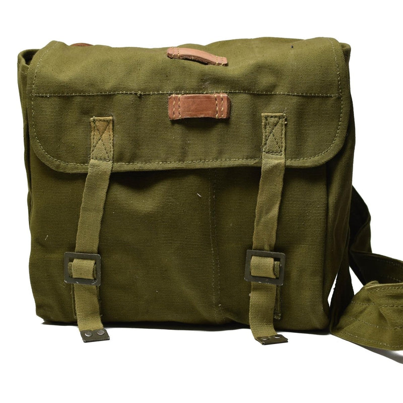 Original Romanian Army green cotton military surplus shoulder carrying bag with durable straps and classic design