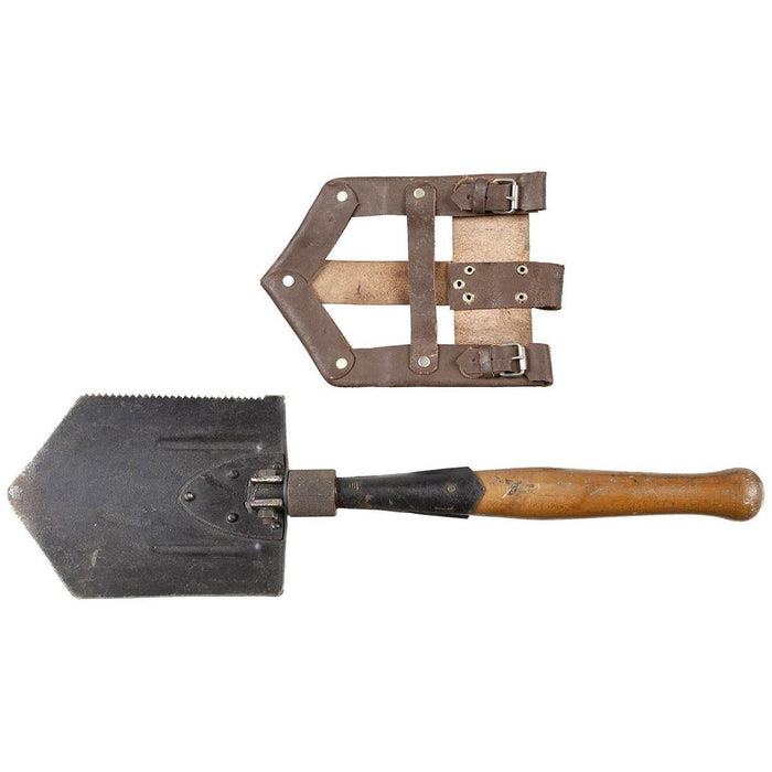 Original rumänsk armé vikbar tandad spade med trähandtag och bärslida av läder för överlevnadsuppgifter utomhus