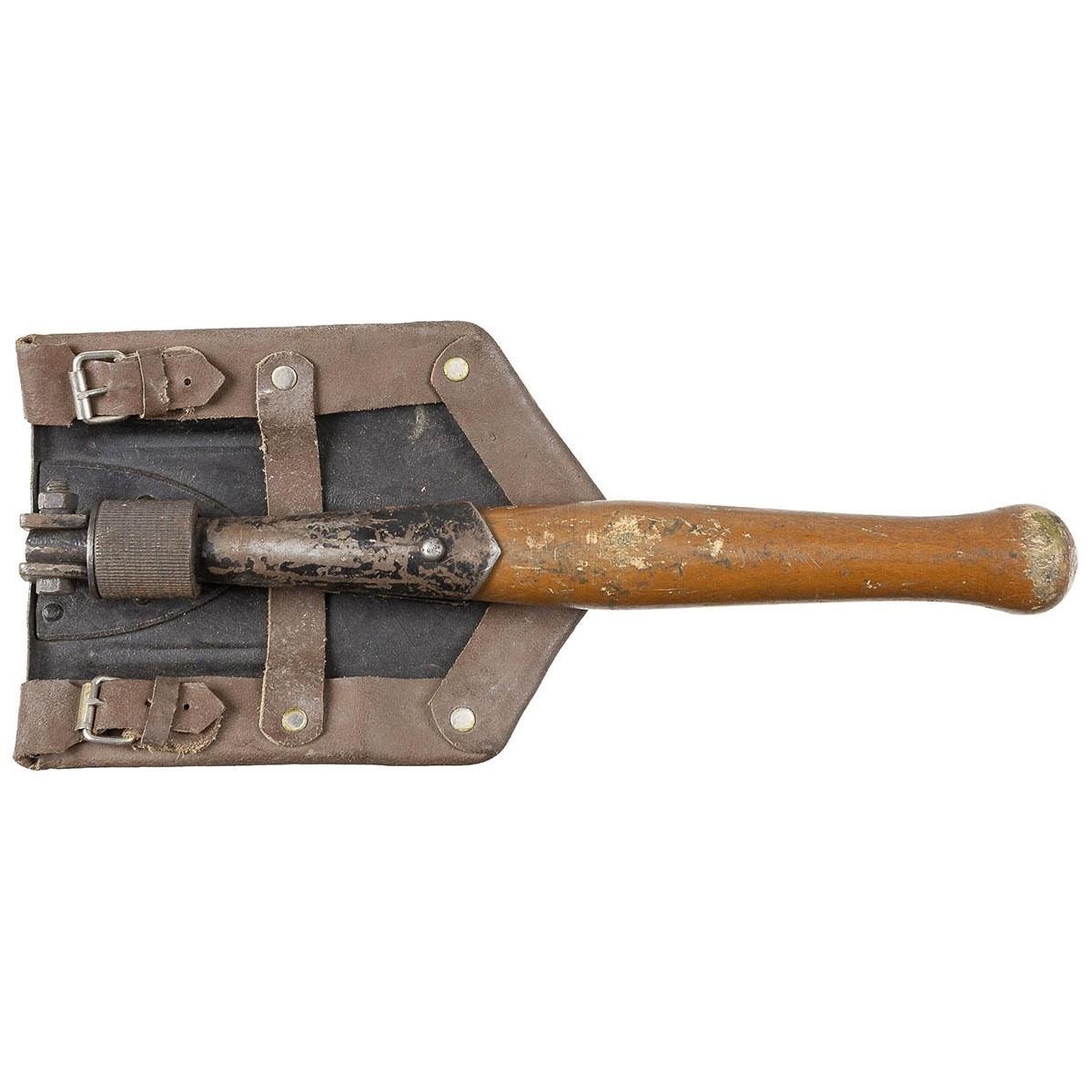 Original rumänska armén vikbar serrerad spade trähandtag läderhöljet