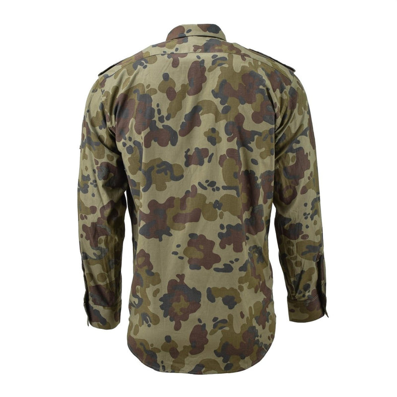 Back view of Original Romanian military lightweight field shirt in M94 Mozaic camo pattern with long sleeves and epaulettes