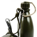 Swedish army green canteen with screw cap and webbing belt clip for military or outdoor use.