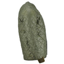 Side view of original Swedish army olive green quilted parka liner jacket for cold weather insulation and warmth