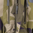 Close-up of Original Swedish army M90 splinter camo jacket showing zipper and pockets in military camouflage pattern