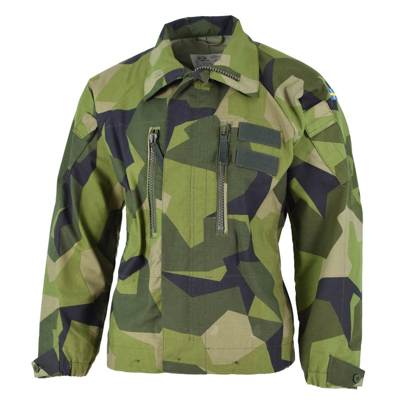 Original Swedish army M90 splinter camouflage combat jacket with multiple pockets and reinforced elbows for durability and outdoor use