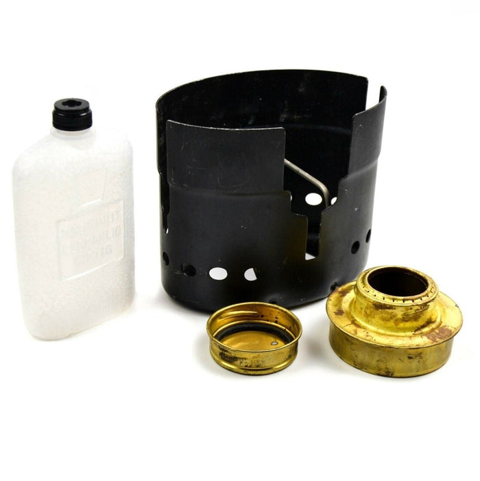 Original svensk armé Trangia SVEA spritbrännare campingkök med mässingsbrännare, spisbas och plastbränsleflasksats