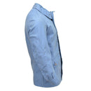 Light blue vintage Swedish Civil Defense uniform jacket made of durable fabric with practical design details.