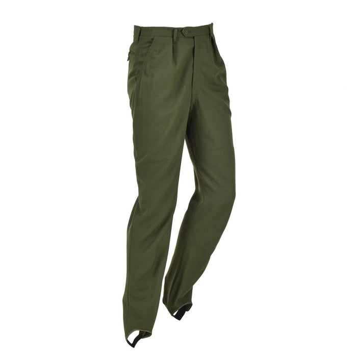 Original svenska militärgröna formella byxor med veckad front och stigbygeldesign för hållbarhet och stil.