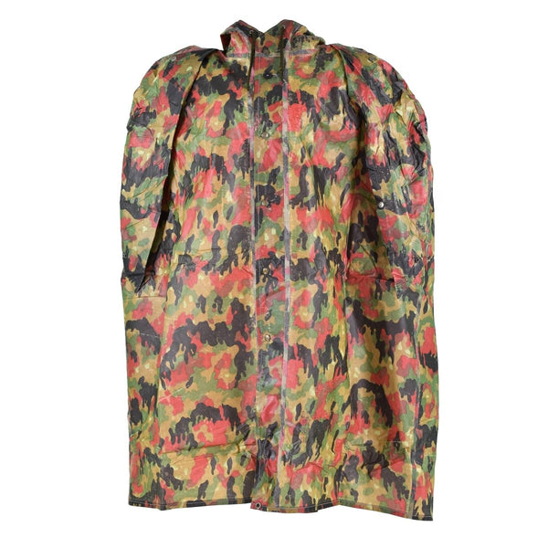 Original Swiss army troops camo tactical plastic poncho with Swiss Alpenflage pattern for outdoor protection and camouflage.