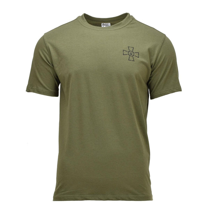 Olivgrön, kortärmad militär t-shirt med ukrainska försvarets Tryzub-emblem på bröstet, andningsbar bomullsblandning