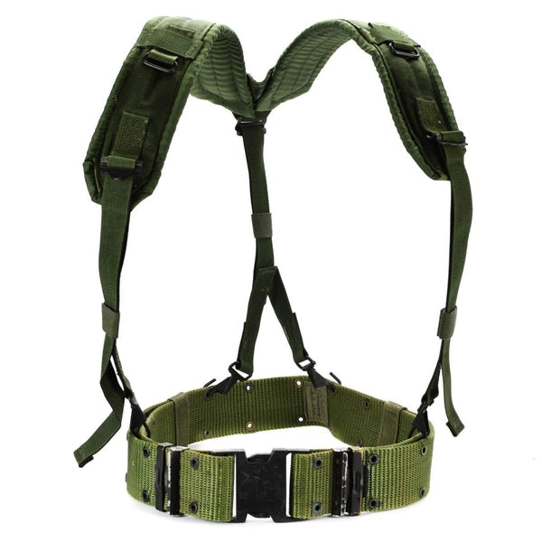 Original U.S. Army military green web suspenders and pistol belt system designed for comfort and durability in the field