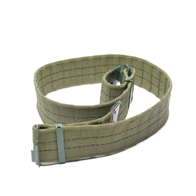 Military surplus pistol utility belt with quick-release buckle and durable webbed construction in olive green color