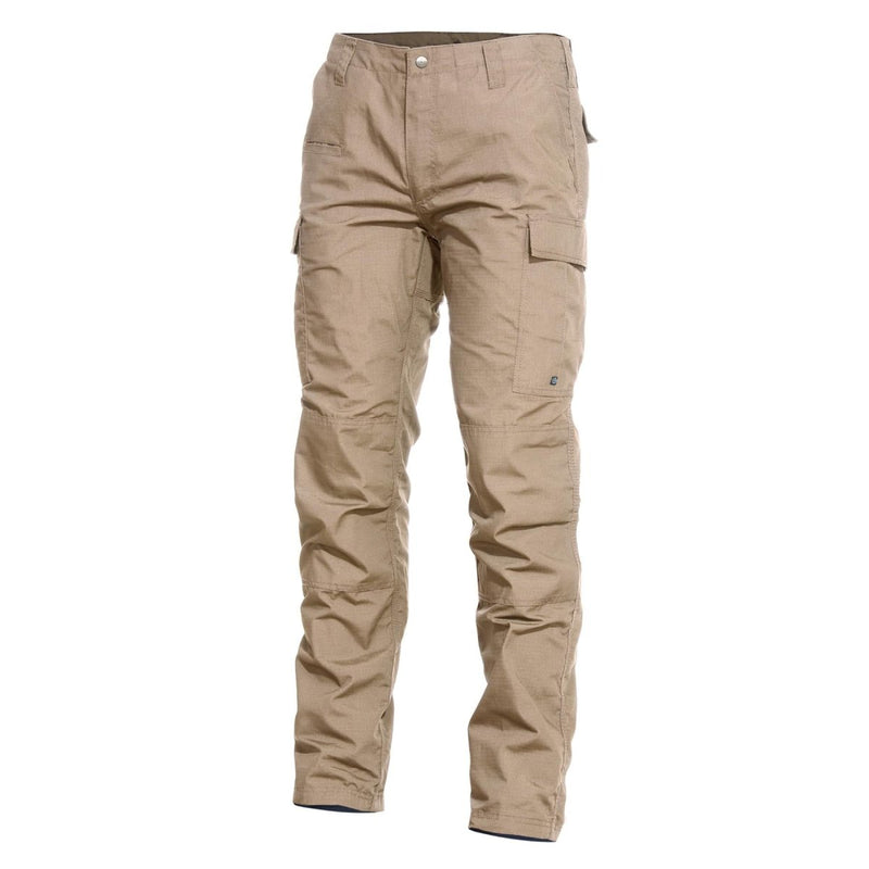Tan Pentagon BDU 2.0 combat pants with reinforced knees, zip fly, cargo pockets, and durable ripstop fabric.