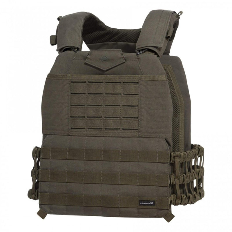 Black PENTAGON Milon Plate Carrier Mk2 tactical vest with Molle system and breathable 3D mesh design.