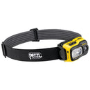 Petzl Swift RL yellow rechargeable headlamp with 1100 lumens, adjustable headband, and water-resistant design for outdoor use.