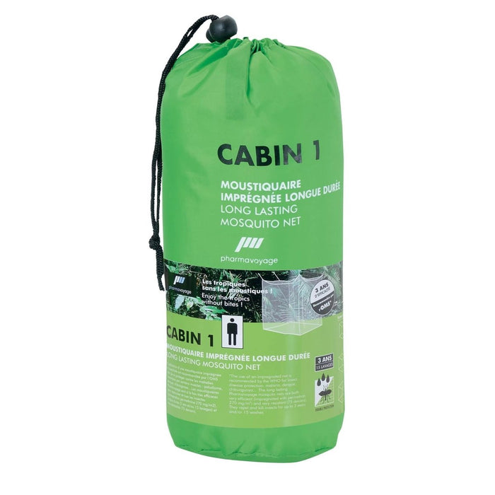 Grön myggnätsförpackning med "Cabin 1"-märke på vit bakgrund