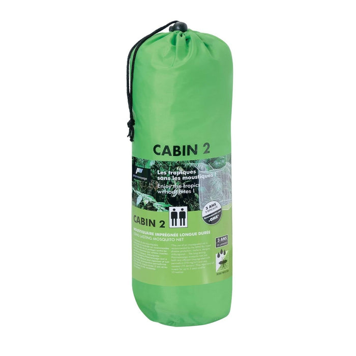 Grönt paket med insektsnät med "Cabin 2"-märke på en vit bakgrund
