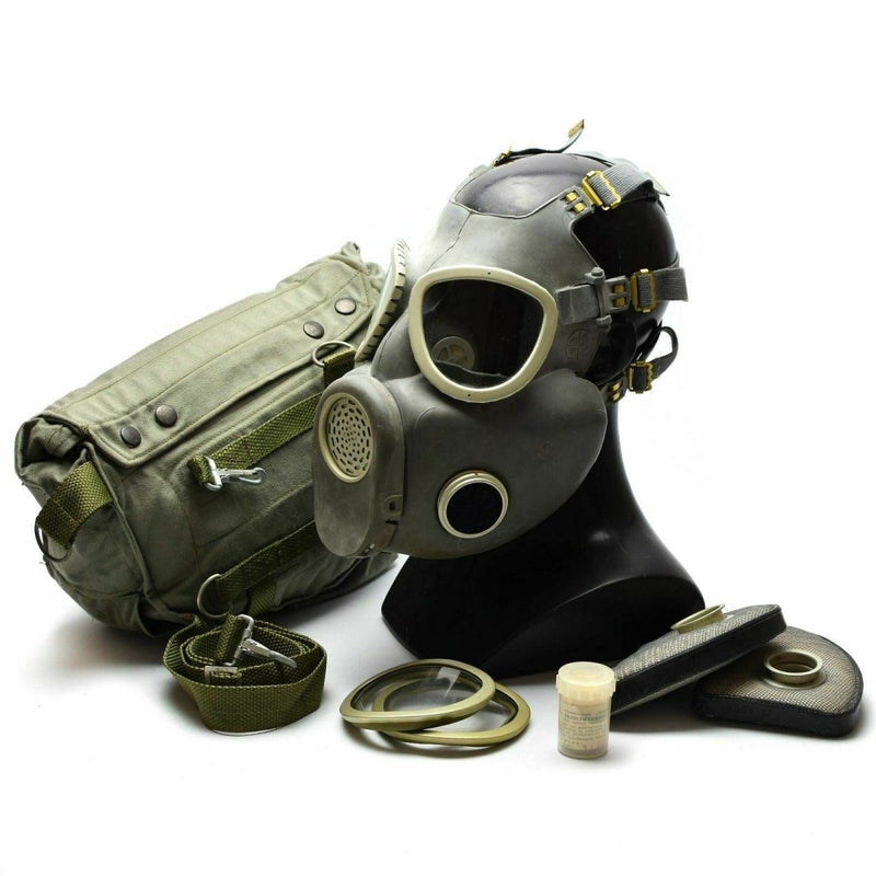 Polish Military Gas Mask MP-4 with filters and carrying bag in grey olive, vintage protective respiratory gear new condition