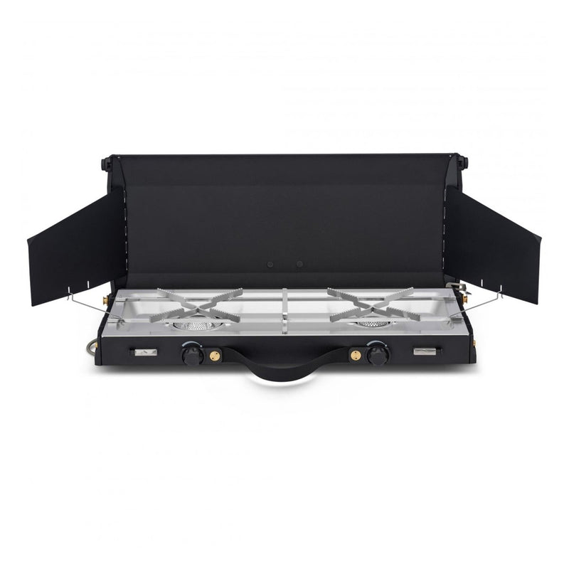 Portable Primus Alika outdoor stove with dual burners and windscreen for efficient camping cooking.